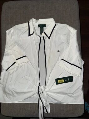 Lauren Ralph Lauren White Shirt Jacket with Black Trim and Tie Hem